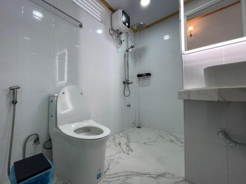 a white bathroom with a toilet and a sink at Dacha Thoddoo White Sand in Thoddoo