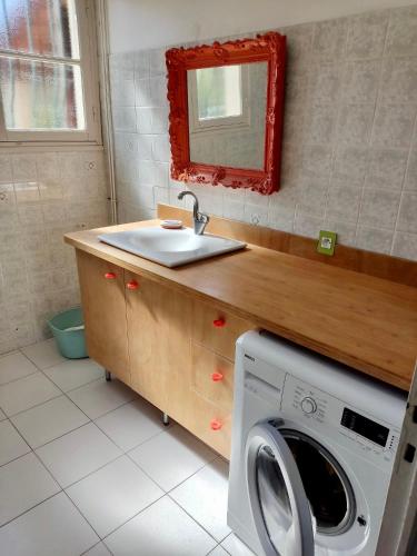 une salle de bain avec une machine à laver et un lavabo dans l'établissement Maison bord de mer, à Hyères