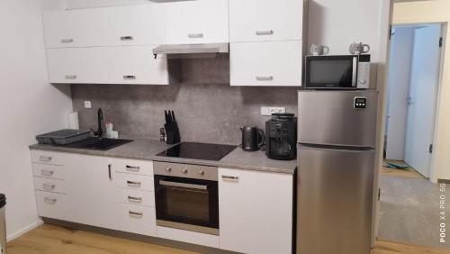 La cuisine est équipée de placards blancs et d'un réfrigérateur en acier inoxydable. dans l'établissement APARTMÁN KRISTÝNA, à Svoboda nad Úpou