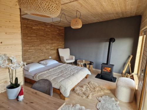 a bedroom with a bed and a wood stove at La Odai in Bran