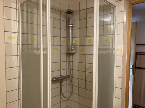 une salle de bain avec une douche avec une porte vitrée dans l'établissement Maison de Marguerite, à Varengeville-sur-Mer