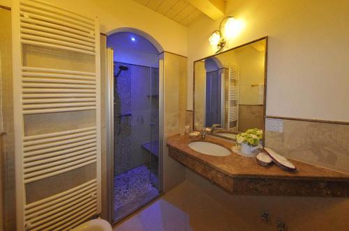 y baño con ducha, lavamanos y ducha. en Albergo Alla Comparsa, en Baselga di Pinè