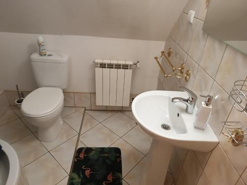 a white bathroom with a toilet and a sink at STANICA in Nowy Gierałtów