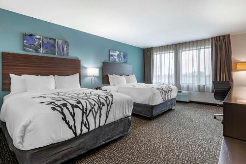 two beds in a hotel room with blue walls at Sleep Inn & Suites Milwaukee-Franklin in Franklin