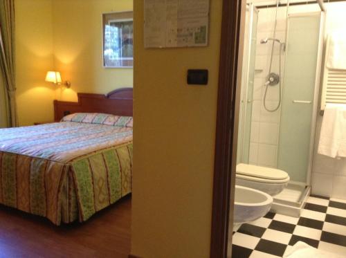 a bedroom with a bed and a shower and a toilet at Hotel Cinzia Ristorante Christian e Manuel in Vercelli