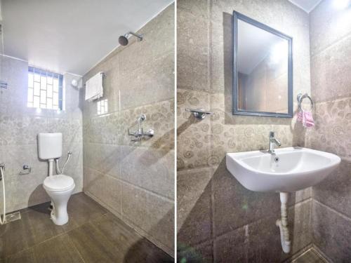 2 immagini di un bagno con lavandino e servizi igienici di Calangute Sea Steps a Calangute
