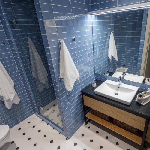 a blue tiled bathroom with a sink and a toilet at Green House in Poti