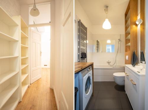 a laundry room with a washer and dryer and a bathroom at Apartment with a roof terrace in Poznań