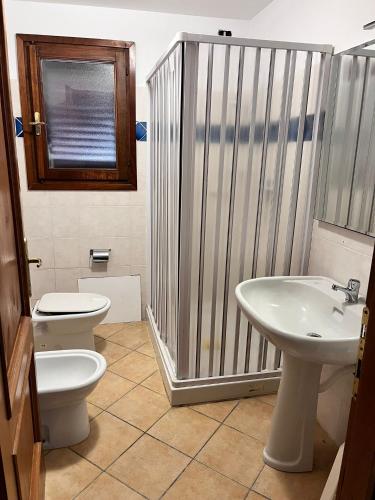 a bathroom with a shower and a toilet and a sink at Casa Vacanze Padru in Padru