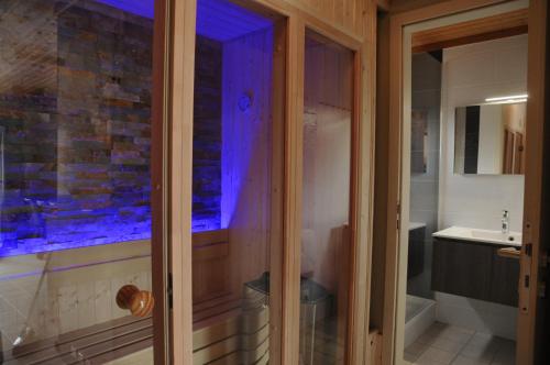 een badkamer met een douche met blauwe verlichting bij Maison du Lac 14 in Vielsalm