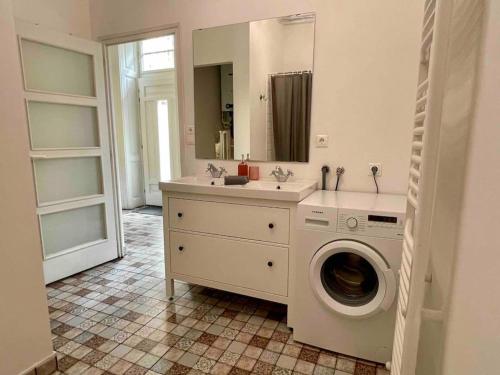a bathroom with a sink and a washing machine at Knézits Spacious AC Terrace Free Parking in Budapest