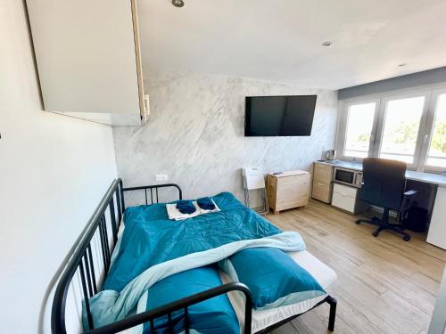 a bedroom with a bed and a desk and a tv at The Studio Wilson - Mulhouse Station in Mulhouse