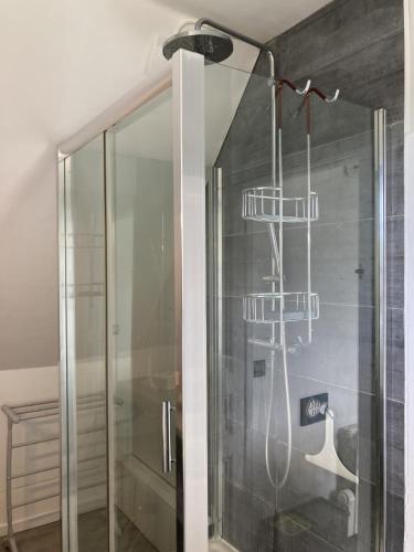 une douche avec une porte vitrée dans une salle de bain dans l'établissement Mouettes, à Hautot-sur-Mer