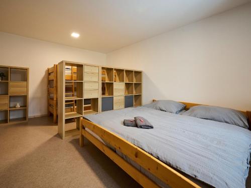 a bedroom with a large bed and shelves at Apartment U Dzina-2 by Interhome in Polubný