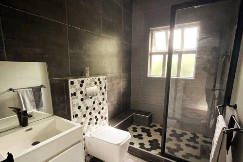 a bathroom with a shower and a toilet and a sink at Embassy Apartment in Cape Town