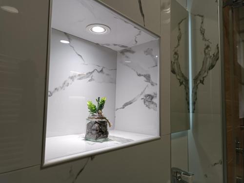a mirror in a bathroom with a vase with a plant at Apartman ''Airplane'' Sarajevo in Sarajevo
