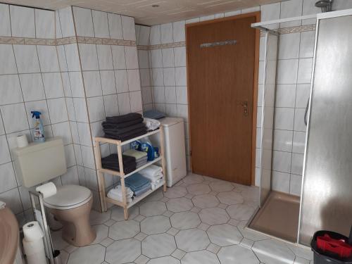 a small bathroom with a toilet and a shower at Remise in der alten Scheune in Bestensee