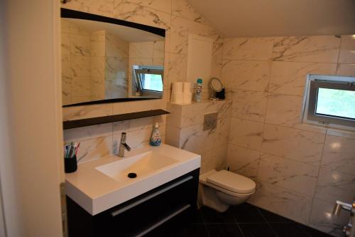 een badkamer met een wastafel en een toilet bij Villa Majetic na Uni in Bihać
