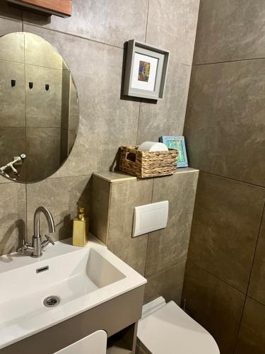 a bathroom with a sink and a toilet and a mirror at Tiny Barn House in Chişinău