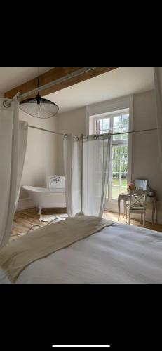 une chambre avec un lit, une baignoire et une fenêtre dans l'établissement Suite romantique au château, à Moisdon-la-Rivière