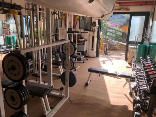 a gym with dumbbells and weights in a room at Conca Verde Appartaments in Bellagio