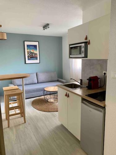 une cuisine et un salon avec un canapé dans l'établissement Studio Le Pensier - Monplaisir, à Lyon