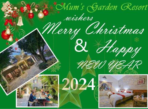 a collage of merry christmas and happy new year at Mum's Garden Resort in Pokhara