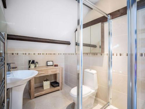 a bathroom with a toilet and a sink and a shower at 4 Bed in Beadnell 83469 in Swinhoe