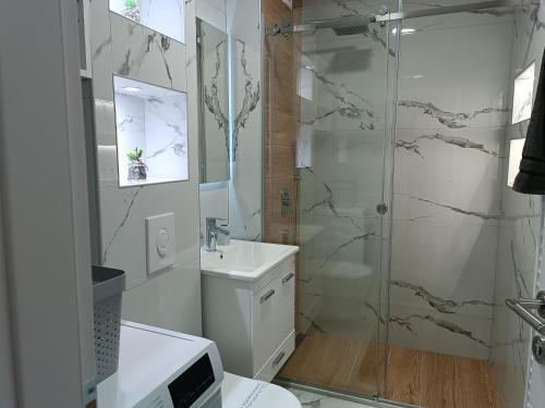 a bathroom with a shower and a toilet and a sink at Apartman ''Airplane'' Sarajevo in Sarajevo