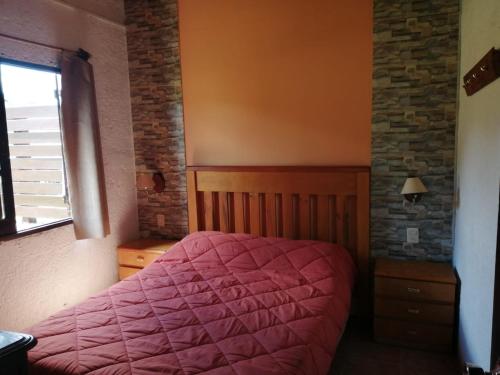 a bedroom with a pink bed and a window at Cabaña Jacarandá in Villa Serrana