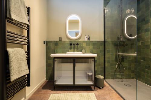uma casa de banho com um lavatório e um chuveiro em La Villa Serra - Appartements em Agen