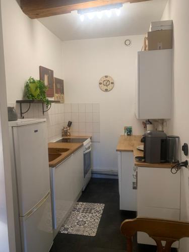 uma pequena cozinha com armários brancos e um lavatório em Apparemment Cosy Cathédrale em Metz