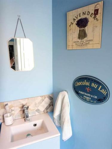 une salle de bain avec un lavabo et un miroir dans l'établissement Montemboeuf centre Town House free wifi, à Montembœuf