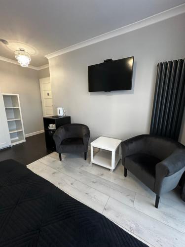 salon z 2 krzesłami i telewizorem z płaskim ekranem w obiekcie Saviano Mare Villa w mieście Międzyzdroje