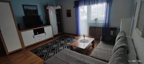 - un salon avec un canapé et une table dans l'établissement Apartma Arh, à Rateče