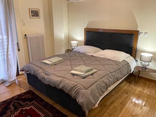 ein Schlafzimmer mit einem großen Bett mit zwei Handtüchern darauf in der Unterkunft Athens Faliro Beach Residence in Athen
