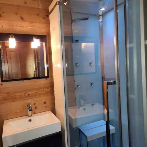 une salle de bain avec une douche en verre et un lavabo dans l'établissement Terrasses du Morel - A17 - Appart 5 pers, à Doucy