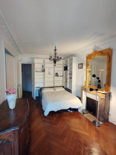 sypialnia z łóżkiem, lustrem i telewizorem w obiekcie Chambre spacieuse - Trocadéro w Paryżu