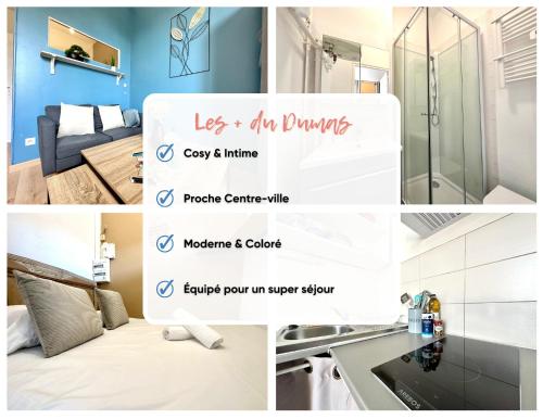 un collage de photos d'une chambre avec douche dans l'établissement Le Dumas, intime et cosy, à Limoges