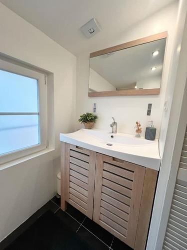 une salle de bain avec un lavabo et un miroir dans l'établissement L'Atypique - Coeur de ville, à La Rochelle