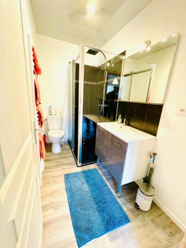 une salle de bain avec un lavabo, des toilettes et un miroir dans l'établissement Résidence Le Clos Saint-Savin, à Font-Romeu-Odeillo-Via