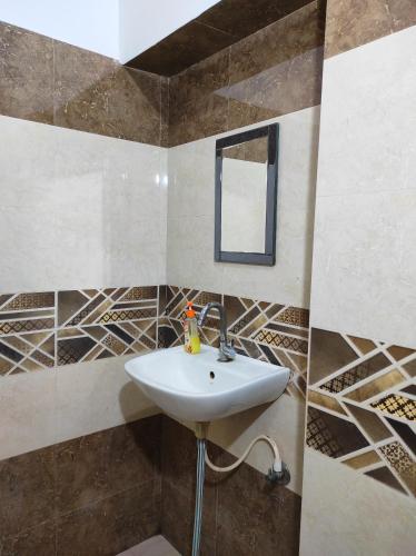 ein Bad mit einem Waschbecken und einem Spiegel in der Unterkunft LD Guest House in Ayodhya