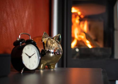 a small gold cat figurine next to an alarm clock at Golden Pinpoint in Gornje Vratno