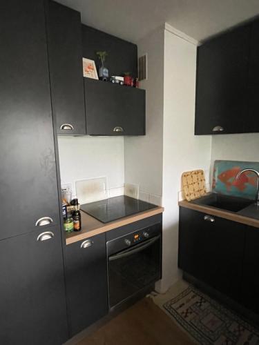 a small kitchen with black cabinets and a sink at Tao in Soorts-Hossegor