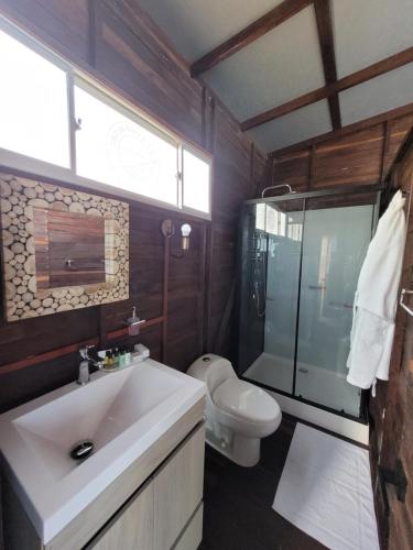 a bathroom with a sink and a toilet and a shower at 321 Surprise Beach house and Glamping in Providencia