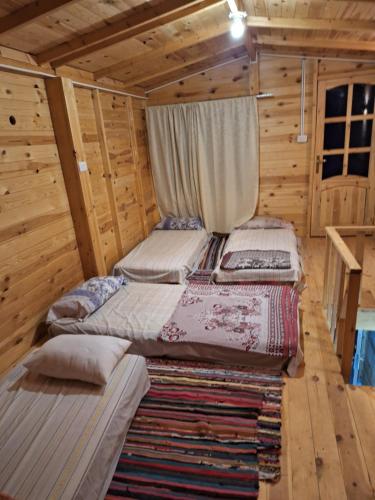 een slaapkamer met 4 bedden in een houten hut bij Life camp in Nuweiba