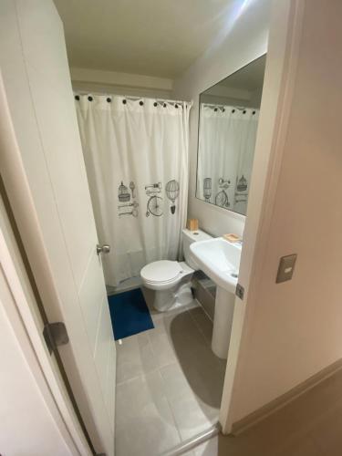 y baño con aseo, lavabo y espejo. en Habitación con baño privado en departamento, en Arica