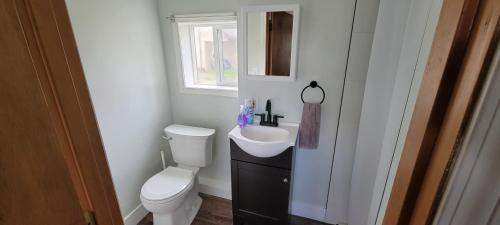 a bathroom with a toilet and a sink and a window at 4 Slumber Village - AK Outback in Anchorage
