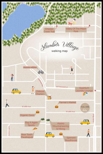 a map of a parking lot with people and cars at 1964 Earthquake Cottage - Slumber Village 10 in Anchorage