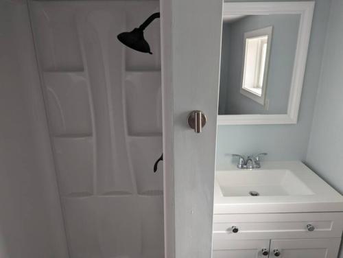 a white bathroom with a shower and a sink at Cottage near restaurants and trails Slumber Village 5 in Anchorage
